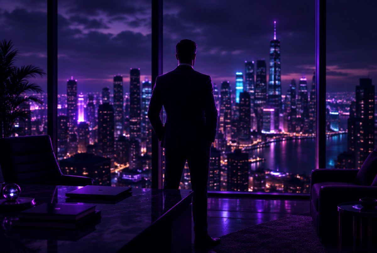 Un empresario mirando la ciudad de noche